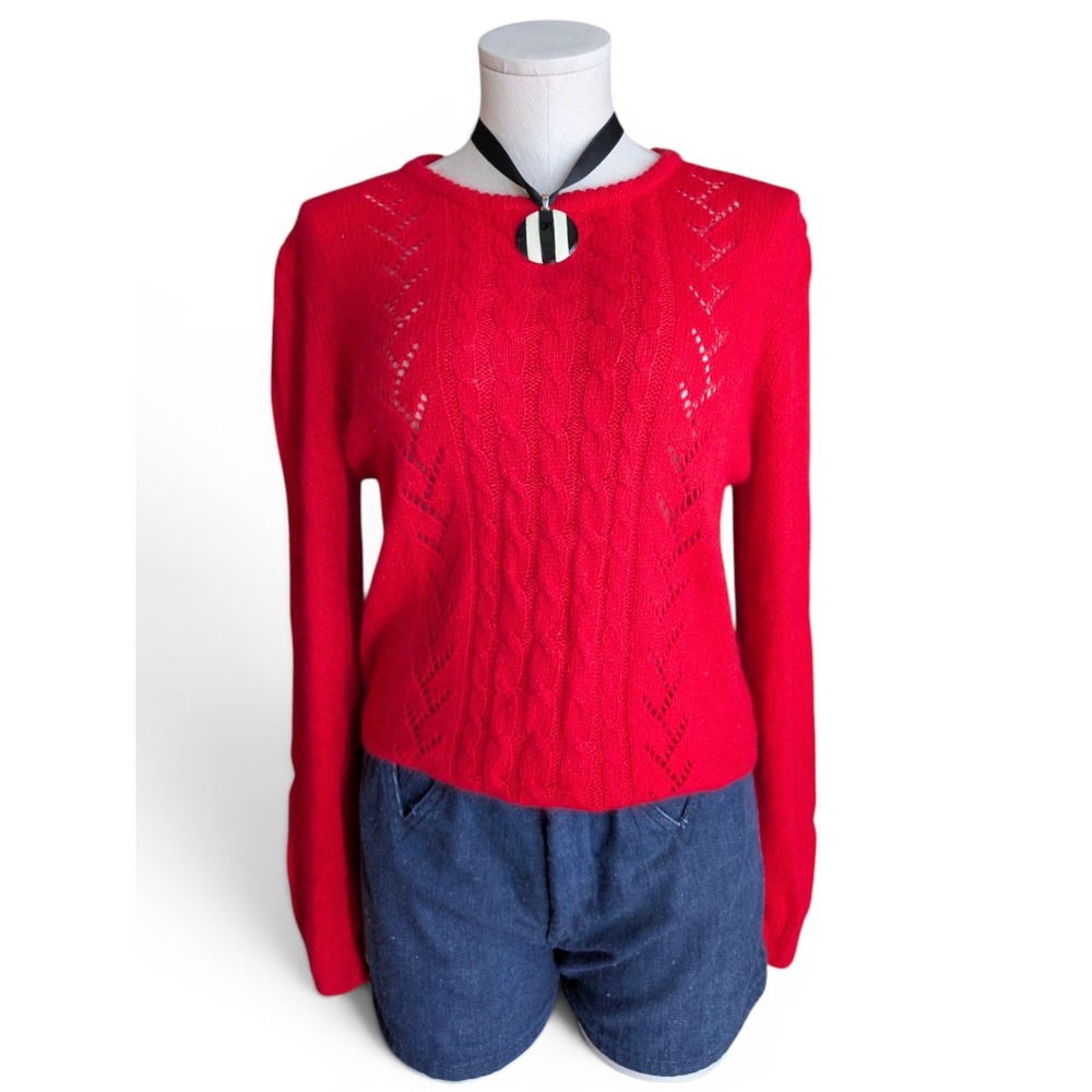 Vintage 80s Red Angora Silk Sweater Cable Knit Pointelle Knit Medium‎